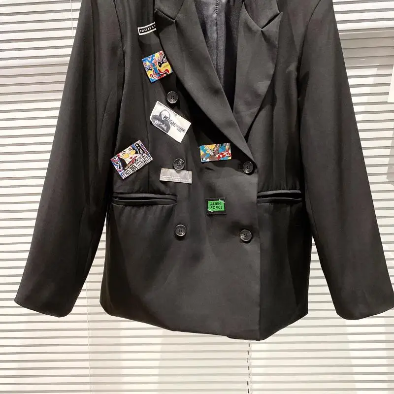 

2021 Spring New Fashion Cartoon Printed Letter Patch Suit Coat Female Double-Breasted Long Sleeve Black Blazer Women