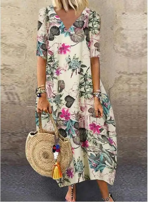 

Summer New Fashion Womens Plus Size Casual Short Sleeve Boho Retro Linen Print Long Maxi Dress Wholesale Free Ship dress