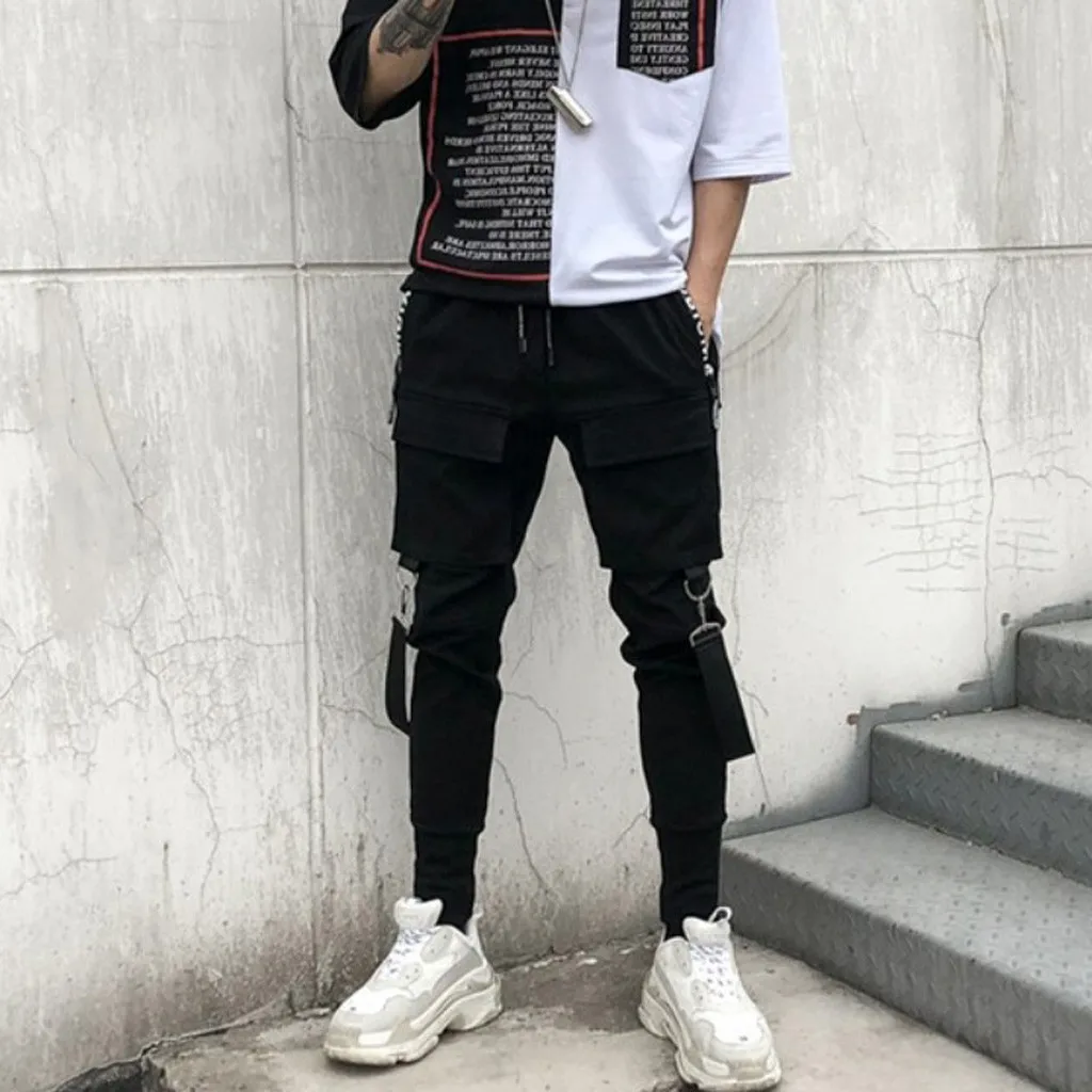 38# Men Cargo Pant Side Pockets Pencil Hip Hop Patchwork Ripped Harajuku Sweatpants Casual Jogger Trousers Pantalones Homme | Мужская