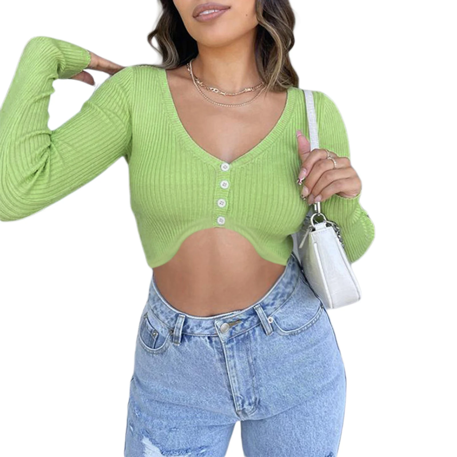 

Женский однотонный Вязаный Кардиган с длинным рукавом и глубоким вырезом