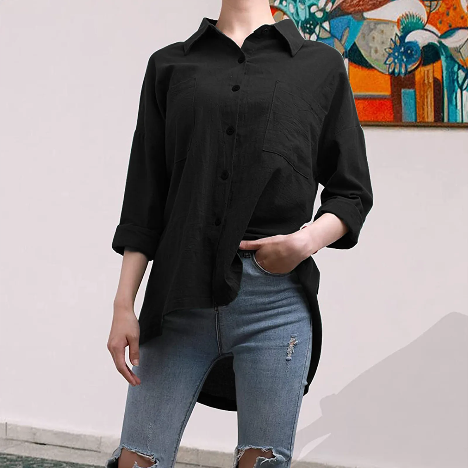 

Блузка женская с воротником на пуговицах, Повседневная рубашка из хлопка и льна, блузка с закатывающимися рукавами, туника с карманами, A40