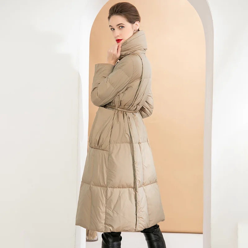 Medium Length Down Coat Winter Women's Full-Swing Lace-Up White Duck Down Coat Slimming Black White Eider Down Jacket enlarge