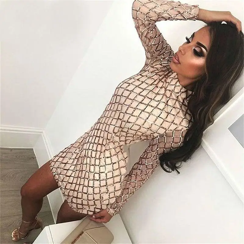 

Fashion 2020 New European and American Fashion Self-cultivation Nightclub Sexy Sequin Round Collar Long Sleeve Sexy Dress