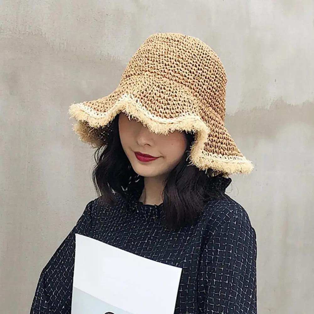 

Hot Sales Summer Women Crochet Knit Straw Hat Wide Wavy Brim Sunscreen Beach Cap Sunhat