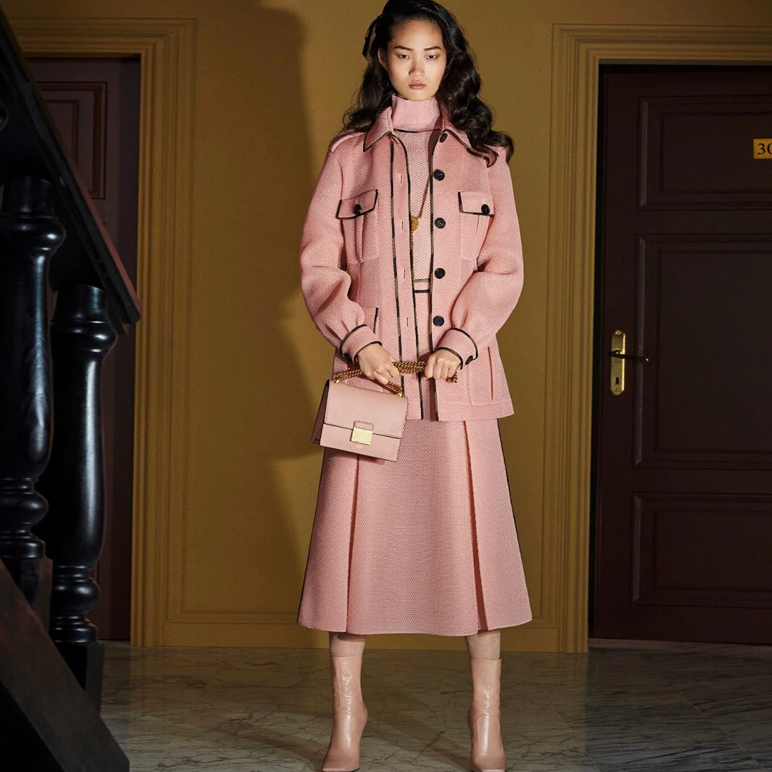 

2020 fashion lady hollow out mesh suit women lapel pocket patchwork slim belt high-end jacket with long skirt 2 piece set outfit