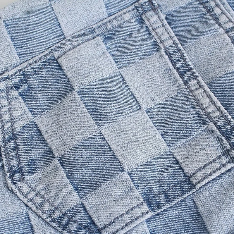 

Vintage High Waist Plaid Design Women Pants Side Pockets Zipper Fly Chic Denim Pantalones 2021 Spring New Fashion Wide Leg Jeans