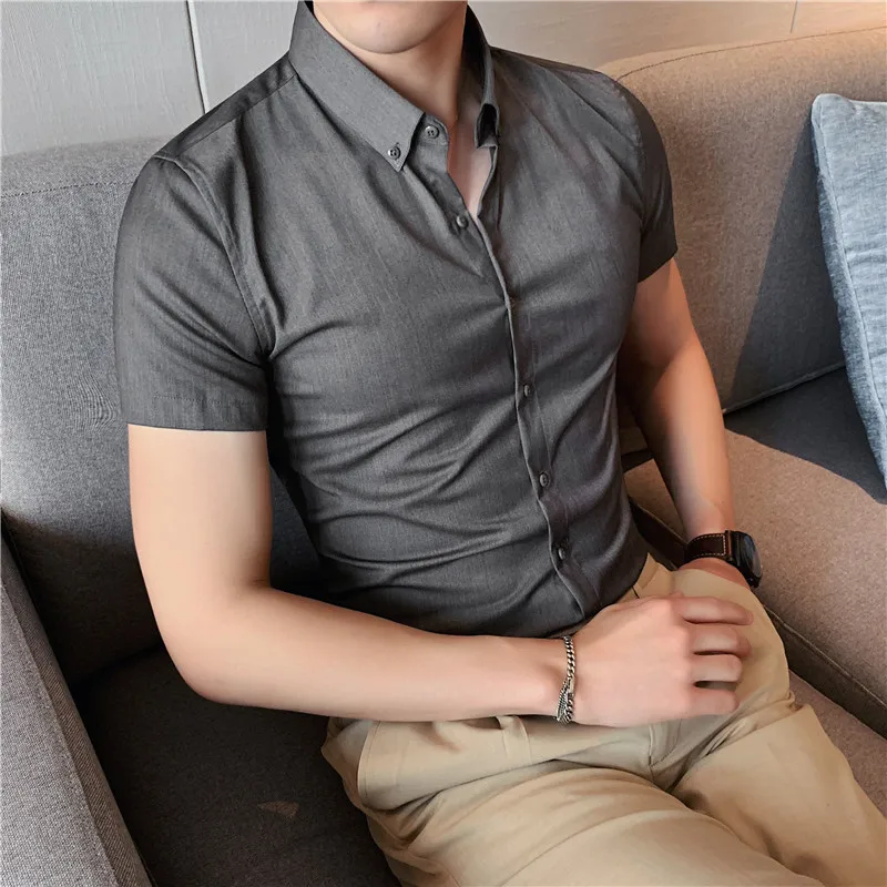 

Plus Size 5XL-M Summer Short Sleeve Men Casual Shirts High Quality Business Formal Wear Slim Fit Office Blouse Homme 4Colors