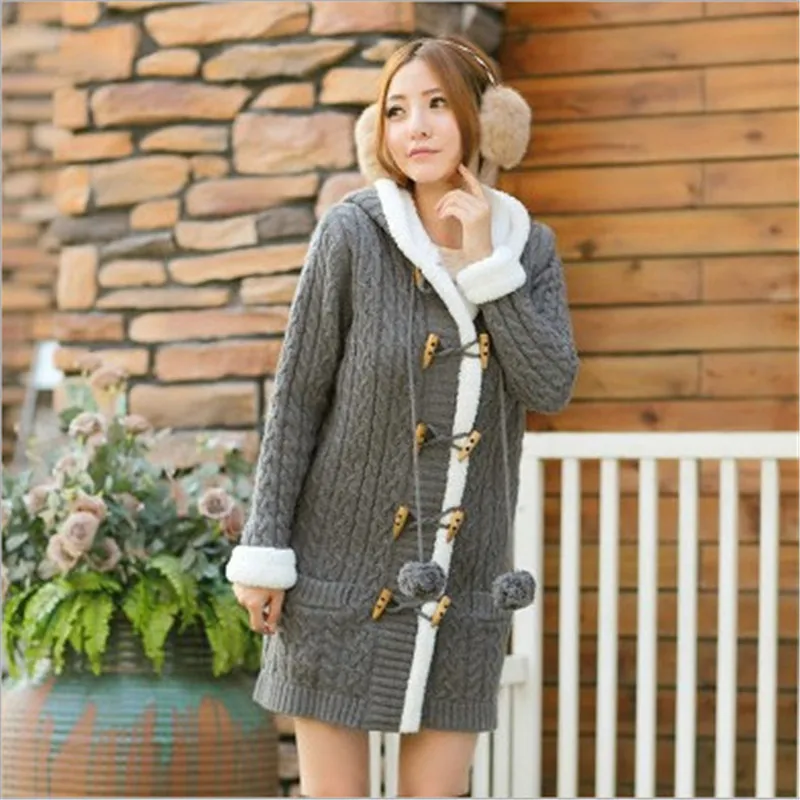 

Sweater Women Beige Add Velvet Winter Hooded Cardigans 20 Autumn New Korean Fashion Slim Long Sleeve Thick Warmth Sweater