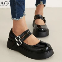 agodor black mary janes patent leather low heel pumps for women burgundy two buckle school uniform shos for ladies pumps