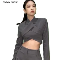 2020 autumn sexy style jennie cross hollow out backless blazer high waist loose %ef%bd%97ide leg pants long sleeve suits 2 pieces set