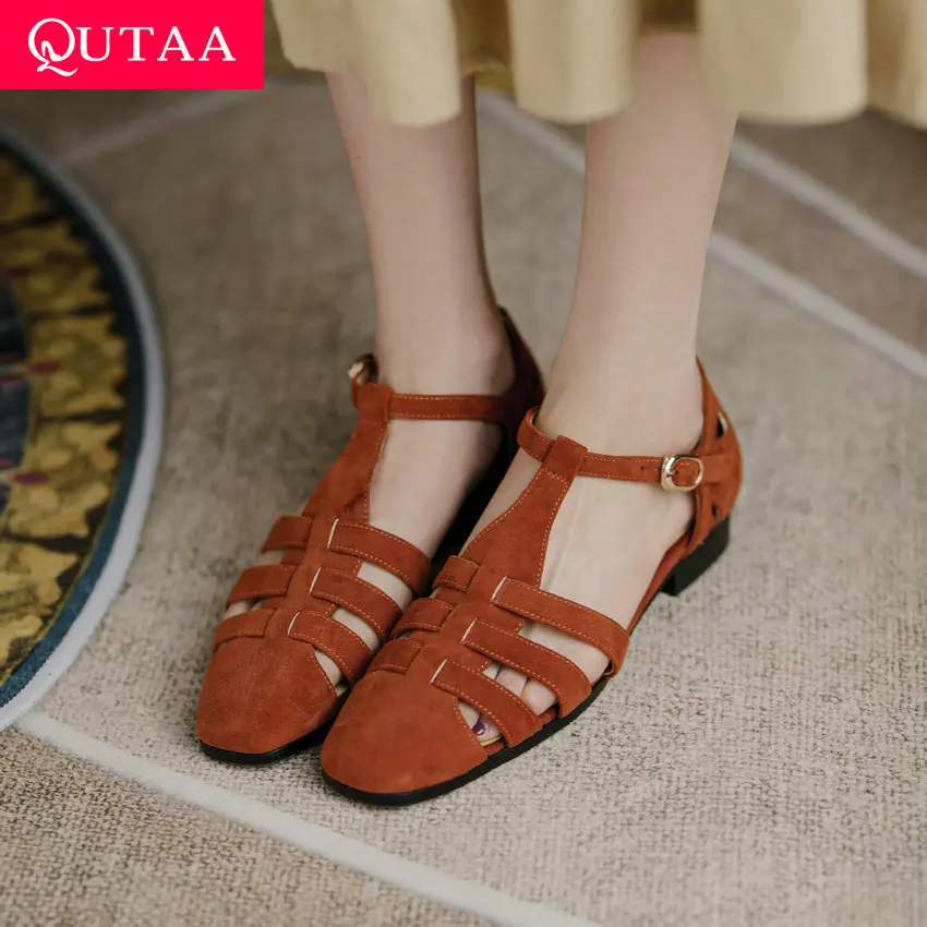 

QUTAA 2021 Summer Square Toe Buckle All Match Female Sandals Kid Suede Cow Leather Cut Outs Square Heel Women Shoes Size 34-39