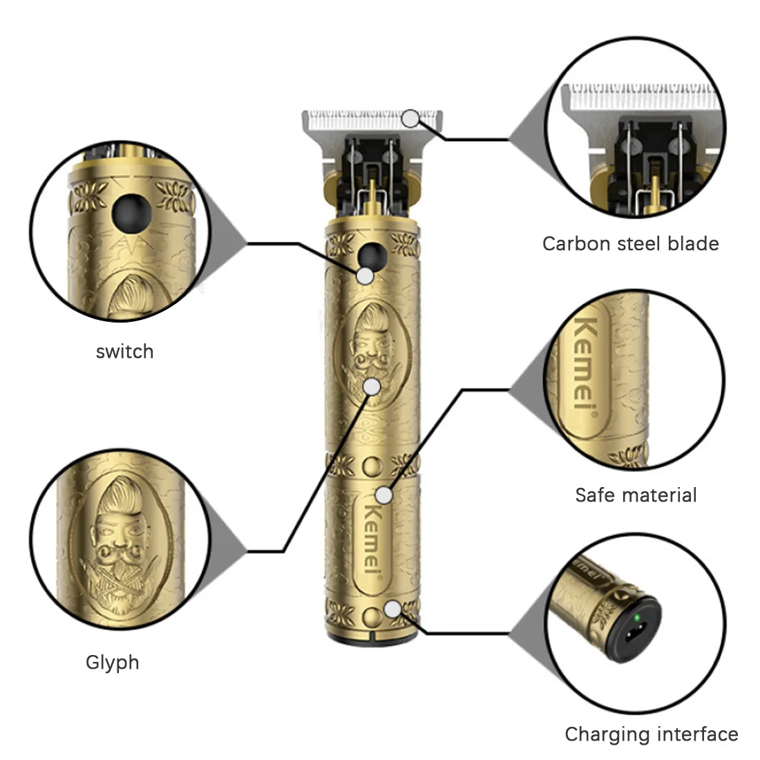 Retro Bronze Hair Cutter Man Beard Shaver Professional Clipper Male Electric Trimmer Hollow Carved Design USB Charge | Дом и сад