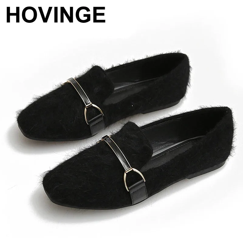 

HOVINGE Woman Flats Loafers Mink Fur Slip on Slide Metal Decoration Square Toe Shoes for Women Plus Size Black Wine Red Zapatos