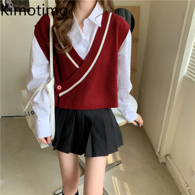 

Kimotimo Women Knitted Vest 2021 Autumn Age Reduction Sleeveless Cute Cardigan Korean Fashion All-match Outwear Sweater Vests