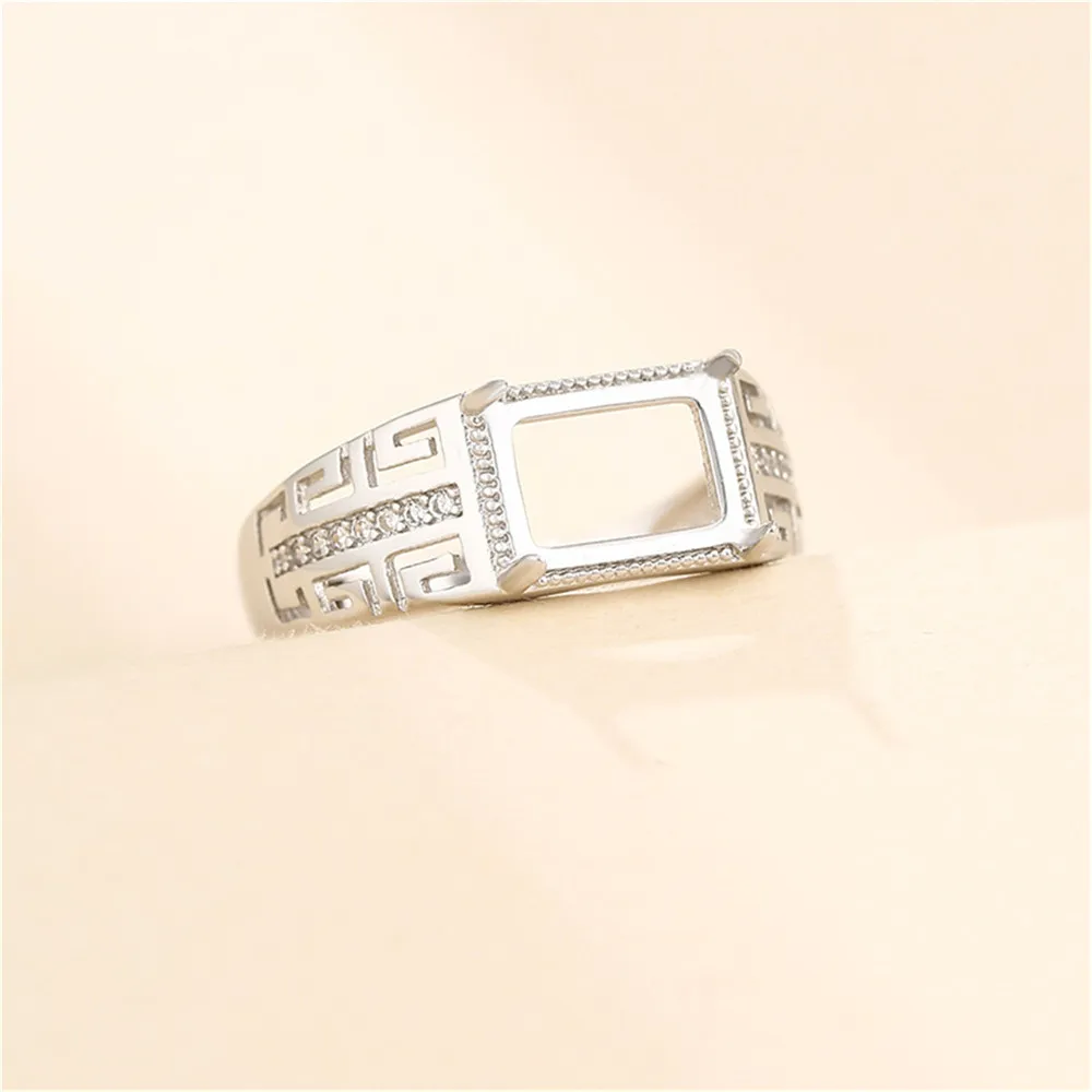 Ring Setting for 7x10mm Rectangle Cabochons Ring Blank White Gold Plated 925 Silver Zircon Adjustable Ring Base SR0153