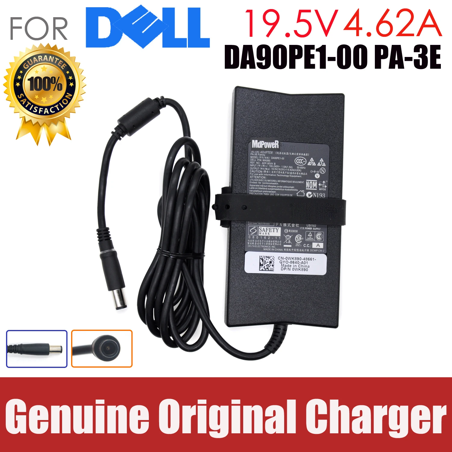 

Original 19.5V 4.62A 90W For DELL 3521 3750 5421 5423 5437 5537 7420 7447 0W6KV 14R 14z 15H laptop supply AC adapter charger\