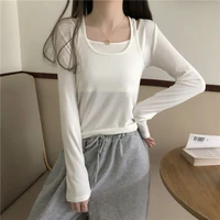 fake two piece thin cute sexy v neck tunic slim cropped vest 2021 fashion long sleeve women t shirt korean 2021 party white top