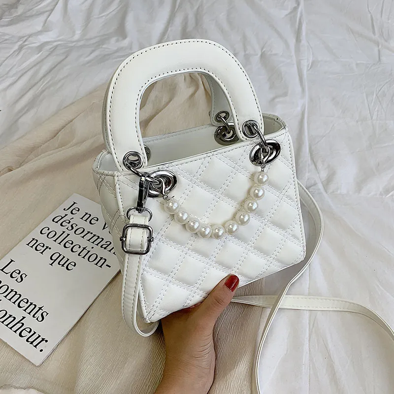 

Hot Female Pearl Small Tote Bag 2020 Summer New Quality PU Leather Women's Designer Handbag Lattice Shoulder Messenger Bags