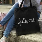 Лидер продаж 2021, женские сумки-тоуты с принтом кофе, модные черные холщовые сумки на плечо, женские повседневные дорожные сумки-тоуты в стиле Харадзюку
