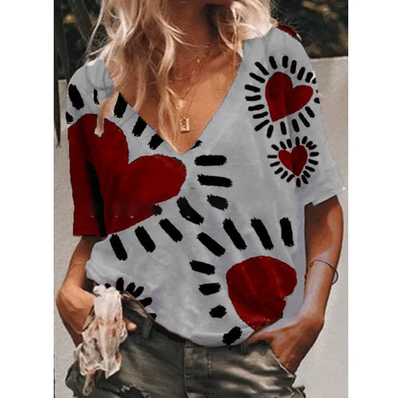 

Summer Casual Short Sleeved Tops Shirts Love Printed V-neck Loose T-shirt Personalized Hand-painted Graffiti Street Fashion Tops