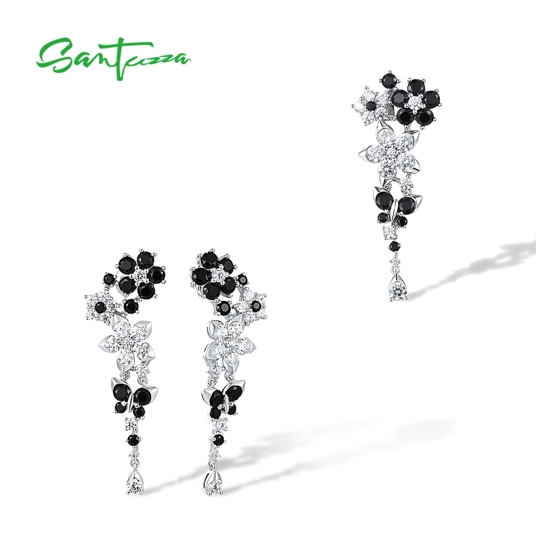 

Женский комплект украшений SANTUZZA, кулон и сережки из серебра 925 пробы с черной шпинелью и белым кубическим цирконием, ювелирные украшения для вечерние Ринок