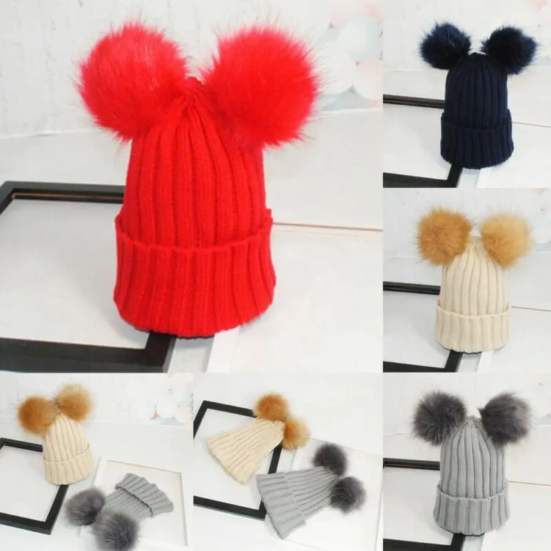 Женская зимняя Милая Шапка-бини уличные вязаные шапки с двумя меховыми помпонами