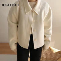 Женская короткая шерстяная куртка REALEFT, минималистичное однобортное классическое пальто с длинным рукавом, верхняя одежда в Корейском стил...