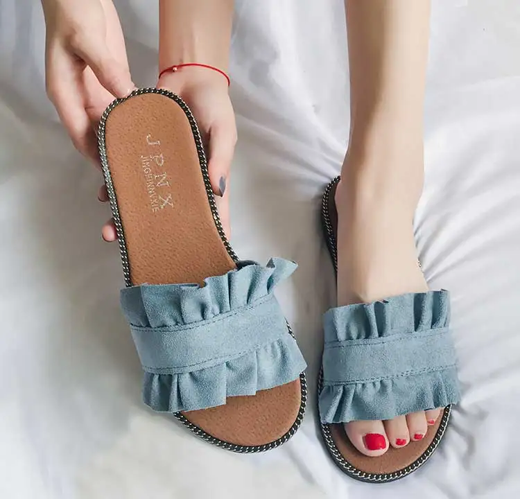 Шлепанцы женские на плоской подошве брендовые сандалии летние однотонные синие