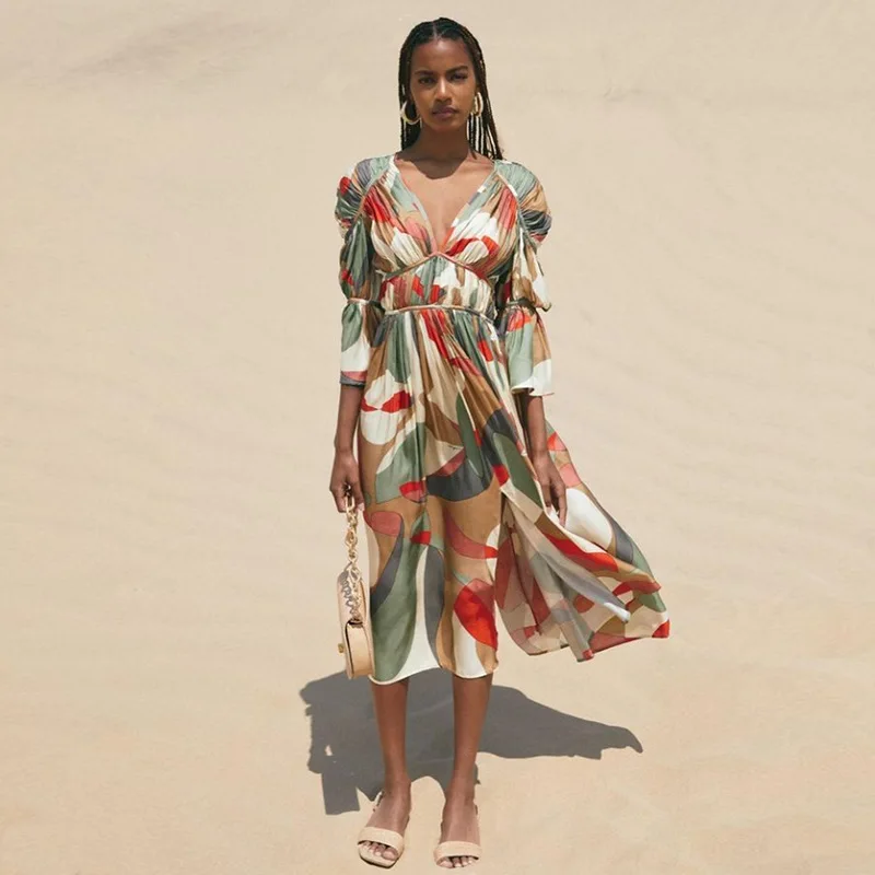 

Fashion Women's Dress New Summer Casual Hot Sale V-neck Hedging Print Sexy Waist Big Swing Three-quarter Sleeve Dress Donsignet