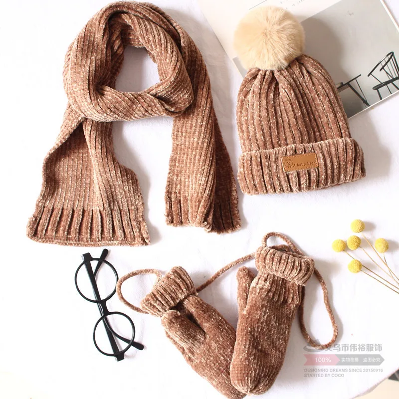 Ins/синель детская шапка для мальчиков и девочек шарф перчатки костюм из трех