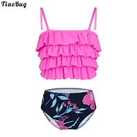 tiaobug summer 2pcs kids girls floral print swimwear adjustable straps layered ruffle hem adorned top and bottoms bikini set