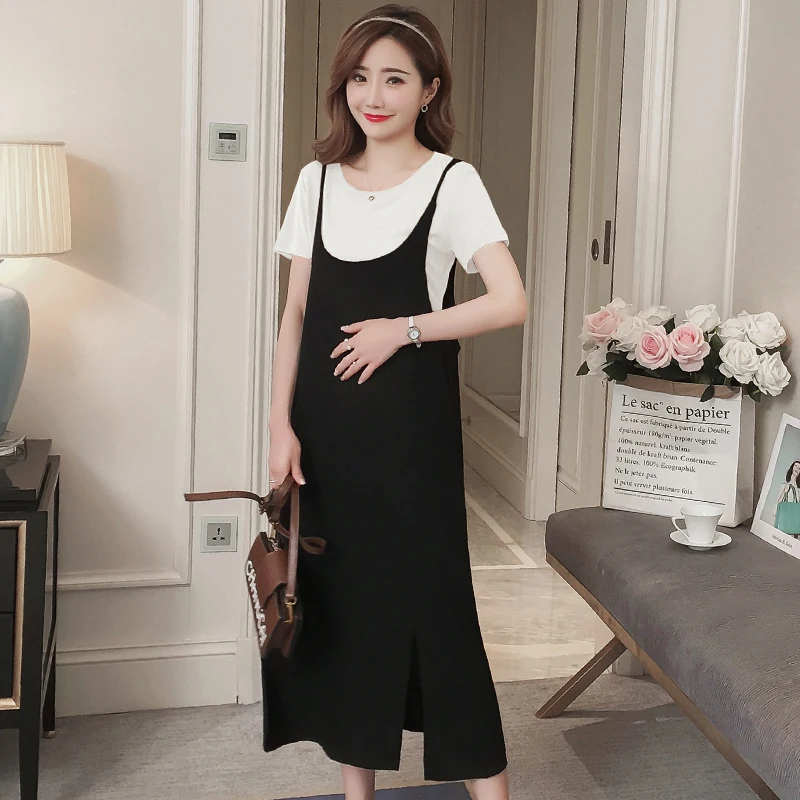 1927# 2PCS/Set Summer Korean Fashion Maternity Long Dress Sexy Sweet Side Splits Sling Dress for Pregnant Women Pregnancy Shirt