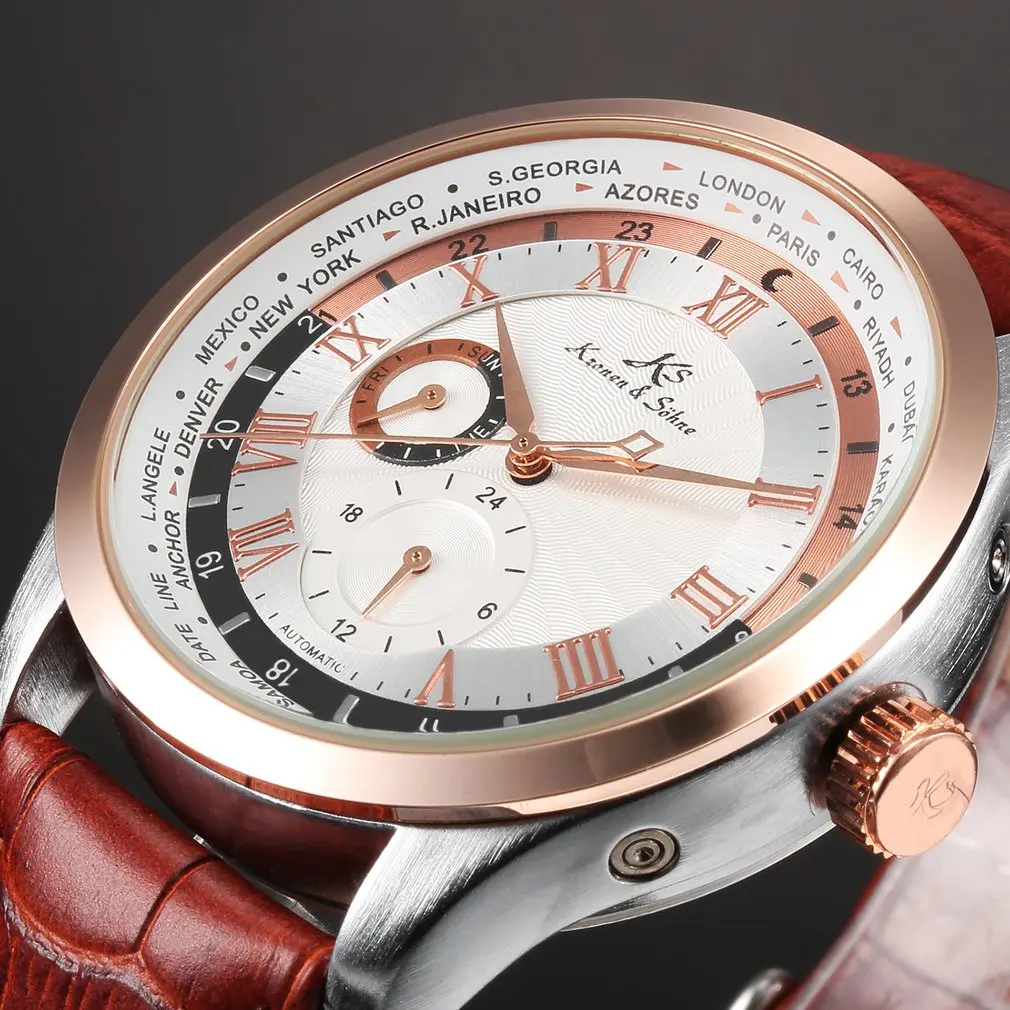 Rose Gold KS302 Бренд Imperial KS, 24 часа в день, розовое золото, с автоматическим заводом, Relogio, кожаный ремешок, аналоговые автоматические часы, мужские механические часы, подарок/KS302 - Цвет: Rose Gold KS302