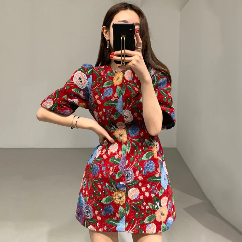 [EWQ] Новинка весны 2020 Tengtu маленький цветок круглый вырез женское красное платье