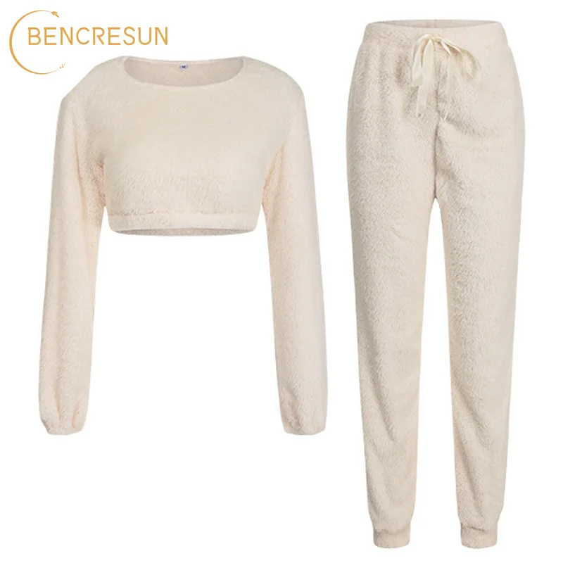 

Winter Sexy Fleece Athletic Pants Sets Women 2 Pieces Loungewear Solid Long Sleeve Top Trousers Sports Outfits Autumn Tracksuit
