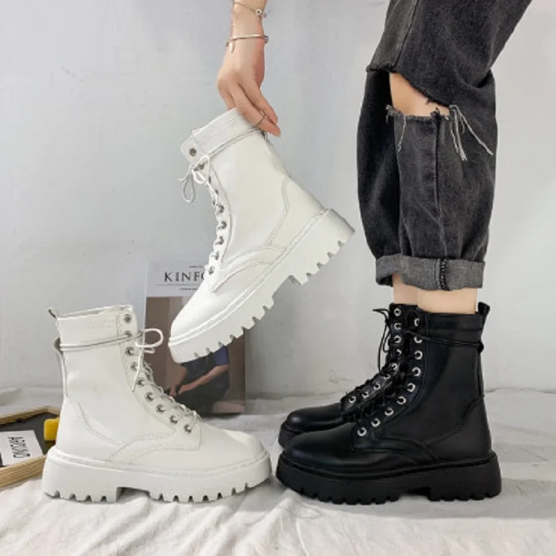 

Botas Black PU Leather Ankle Boots Women Autumn Winter Round Toe Lace Up Shoes Woman Fashion Motorcycle Platform