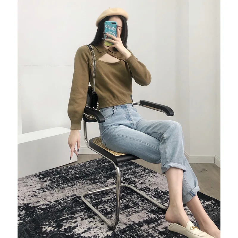 

Women Turn-down Collar Knitwear Long Sleeve Elegant Sweater Jumpers Female Hollow Out Pullover Top 2021 New