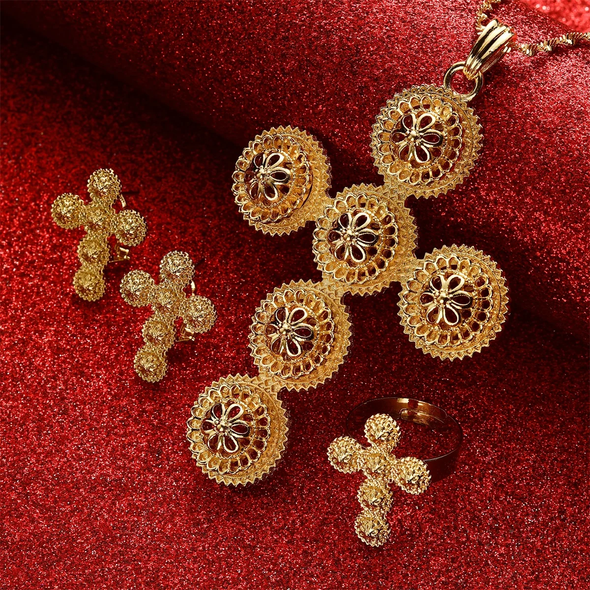 

Эфиопская мода, ожерелья, серьги, кольцо, золотой цвет, Habesha, эритрейские свадебные ювелирные наборы