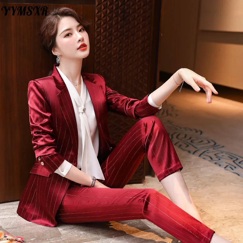 High Quality Professional Suit Pants Women's Office Suits Autumn and Winter Slim Striped Ladies Jacket Slim Trousers Two-piece