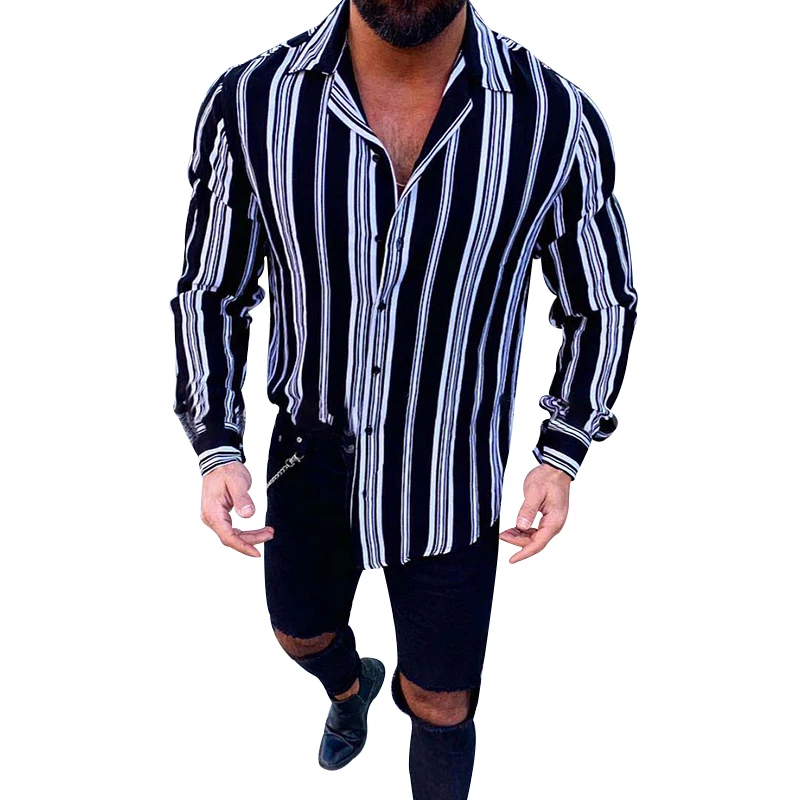 

Men's Fashion Striped Shirts Hip Hop Striped Social Printed Slim Fit Long Sleeve Blouse Streetwear Male Buttons Holiday Clothing