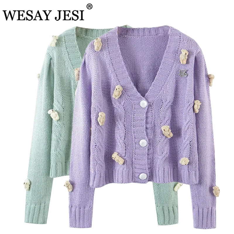 

WESAY JEI Cardigan For Women TRAF ZA Fashion V-neck Cute Sweater Bear Cardigan Jacket Retro Casual Single-Breasted Chic Top