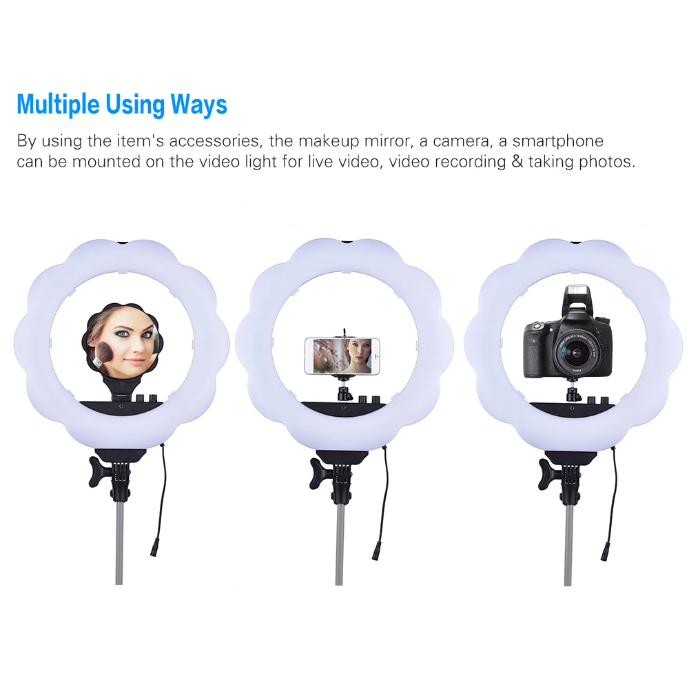 Лампа светодиодная кольцевая заполняющая для видеосъемки с зеркалом макияжа 384