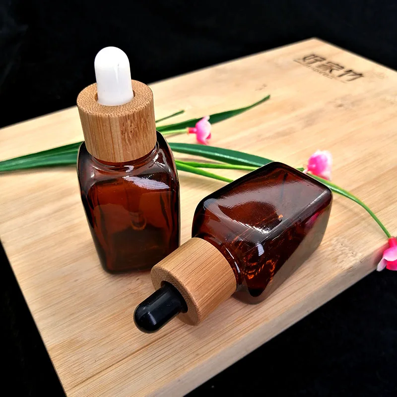 

30ml amber square dropper bottle Eco-friendly bamboo cap Cosmetic essential oil aromatherapy Container packaging