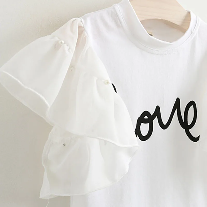 

Child's Summer Brand New Girls Sets Butterfly Sleeve T-shirt with Letter Heart Pattern Jean Shorts Fashion Suit Clothes 3-7Y
