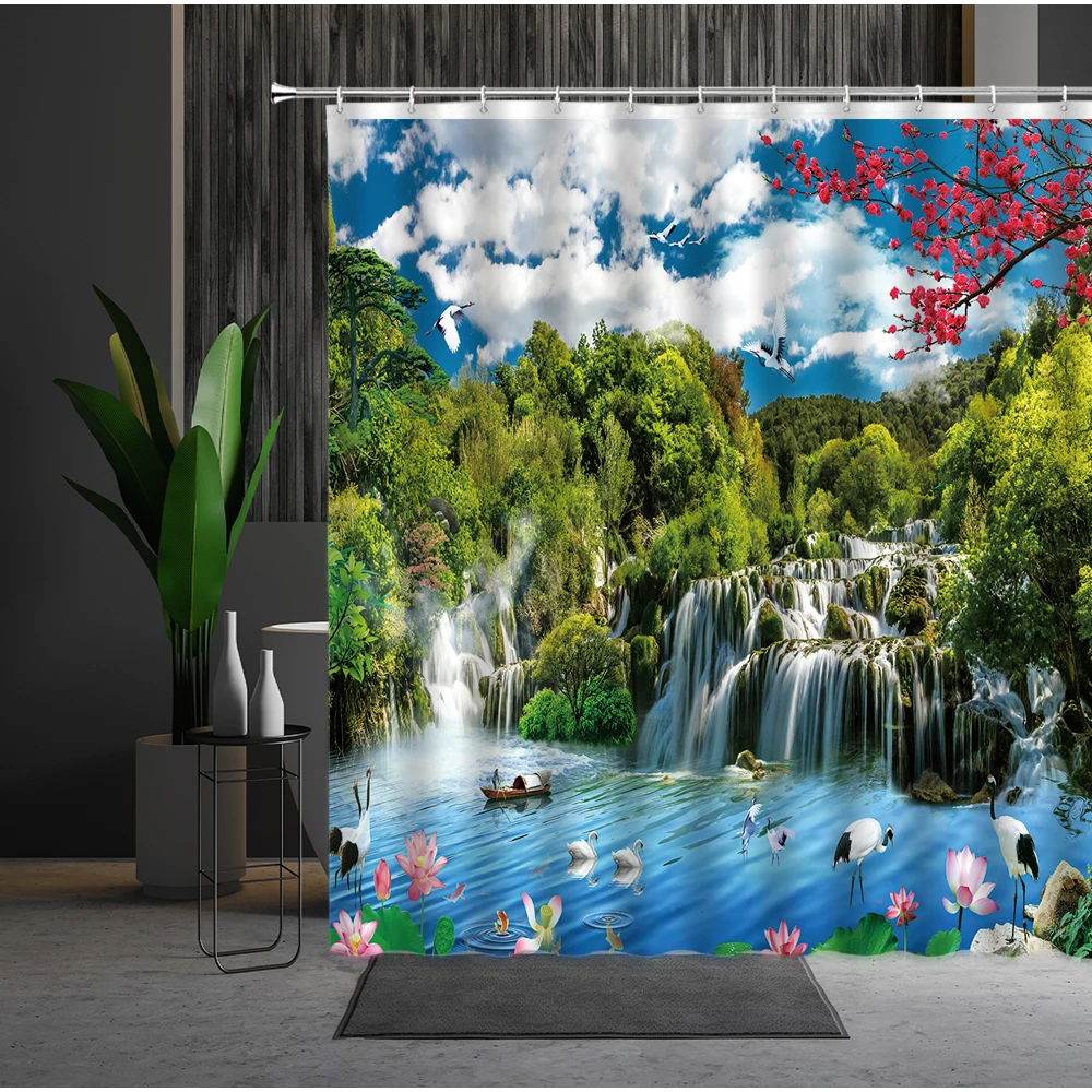 

Пейзаж, занавеска для душа, лес, горы, вода, птица, цветок, лотос, набор украшений для ванны, полиэстер, моющаяся занавеска С крючком для ванно...