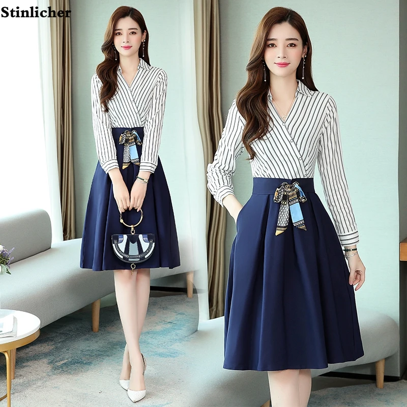 Autumn Winter Striped Shirt Dress Women Long Sleeve V-Neck Office Ladies Work Dress Elegant Knee-Length Midi Dress Robe Vestidos