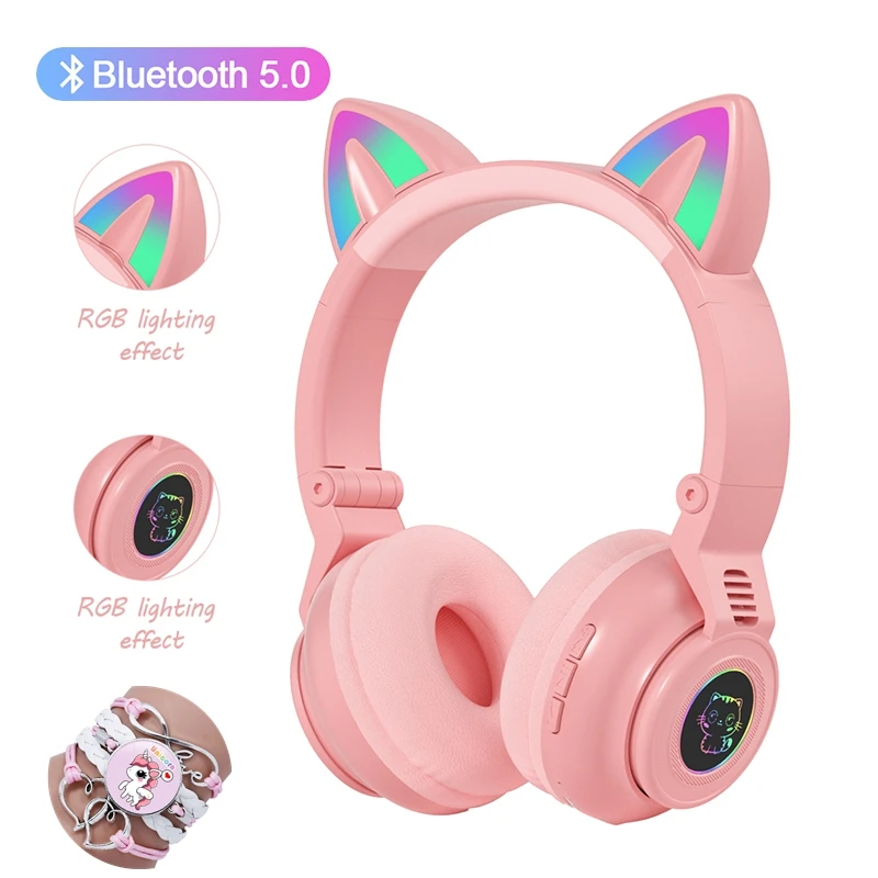

Cute RGB Kitten wireless Headsets Bluetooth 5.0 Bass Noise Cancellation Adult Child Girl Headset Support TF Card Helmet with Mic