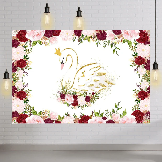 

Swan Party Backdrop for Girl Baby Shower Birthday Party Decorations Pink Red Burgundy Floral Golden Glitter Swan Princess Props