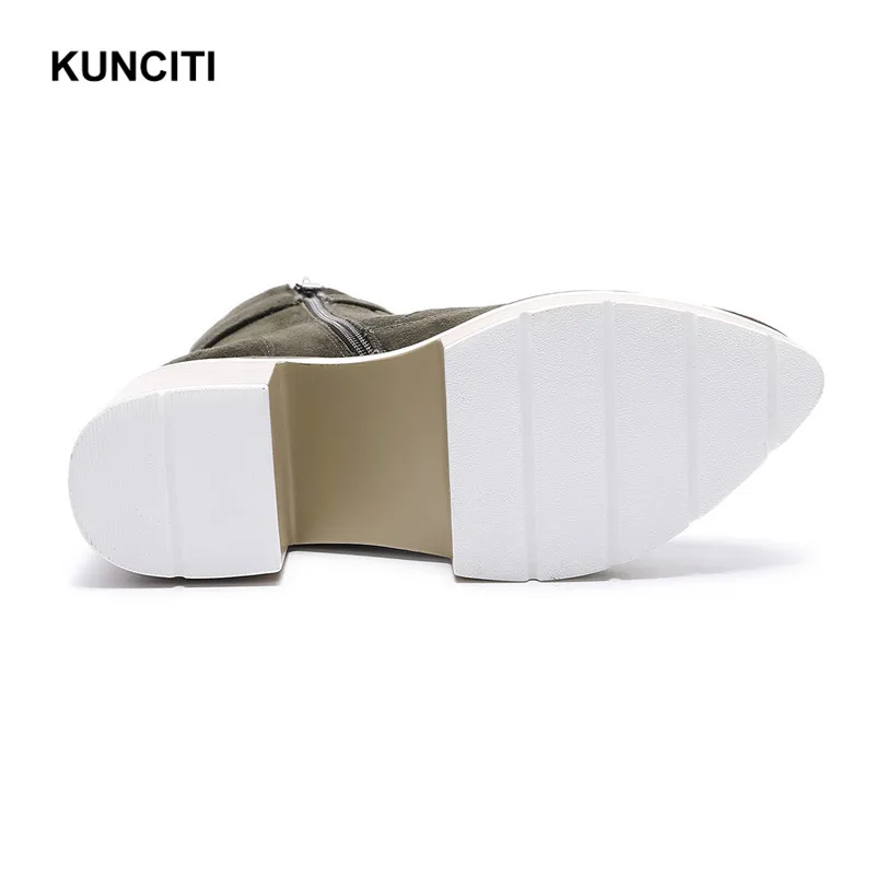 KUNCITI/; армейские зеленые ботинки на платформе; ботильоны с острым носком; теплая зимняя обувь на шнуровке; ботинки на не сужающемся книзу высоком массивном каблуке; D104