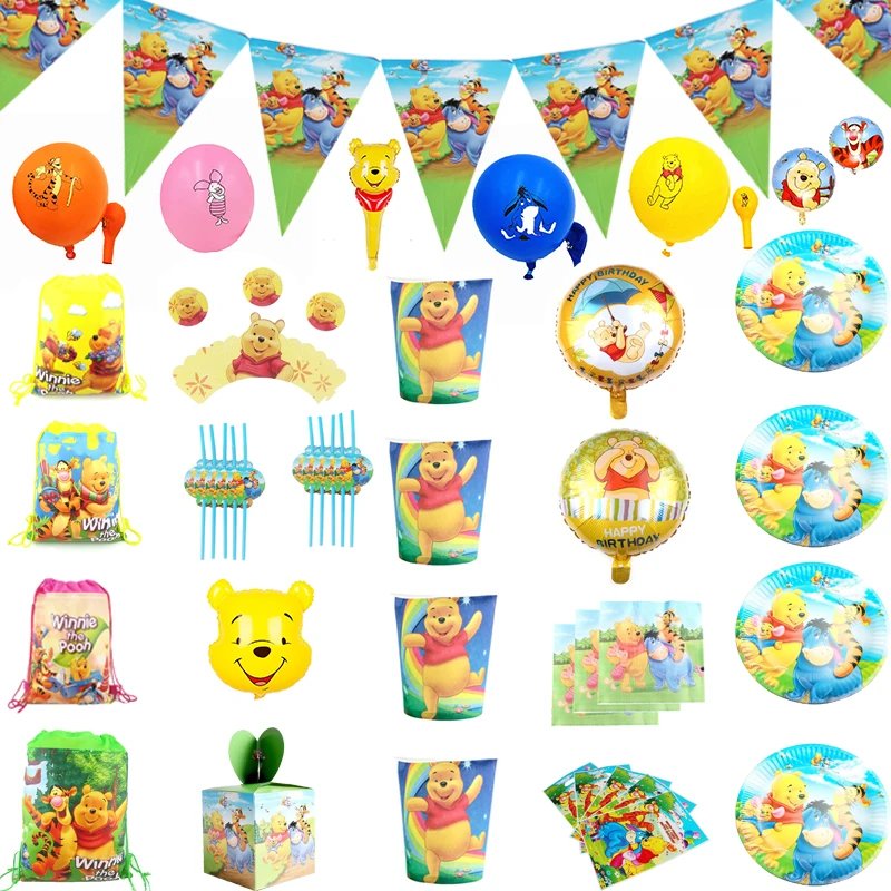 

Disney Winnie The Pooh Kids Birthday Party Decorations Disposable Tableware Paper Cup Tablecloth Napkin Baby Shower Toy Balloon